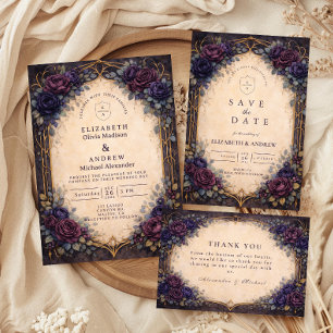 Moody Purple Gothic Floral Wedding Invitation
