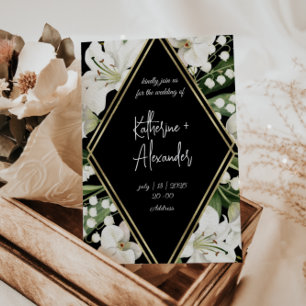 Black wedding floral Lily Invitation classics Gold Foil Invitation