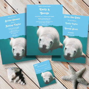 Navy Underwater Sea Lion turquoise Coastal Wedding Invitation