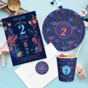 Modern Cute Blue Ocean Nautical Fish Kids Birthday Invitation