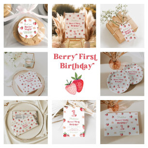 Pink and Red Strawberry Daisy Berry First Birthday Invitation