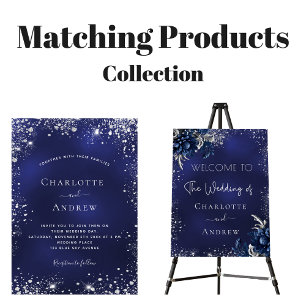Navy blue silver flowers script luxury wedding magnetic invitation