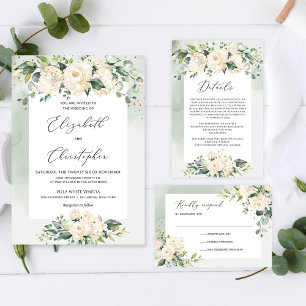 Watercolor eucalyptus white roses elopement invitation