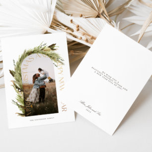 Modern Minimal Green Arch 2 Photo Merry Christmas  Foil Holiday Card