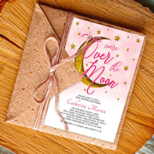 Starry Over The Moon Pink Gold Baby Girl Shower  All In One Invitation