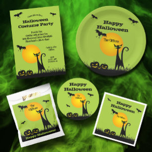 Black Cat and Bats Halloween Party Invitations