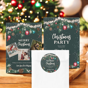 Christmas lights pine branches snow green 4 photos holiday card