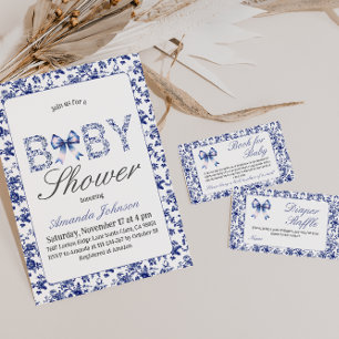 Elegant Blue Toile de Jouy and Bow Baby Shower Invitation