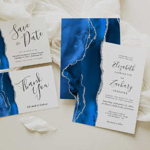 Modern Agate Royal Blue Silver Save the Date Card