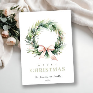 Joy Blush Green Christmas Wreath Watercolor Holiday Card