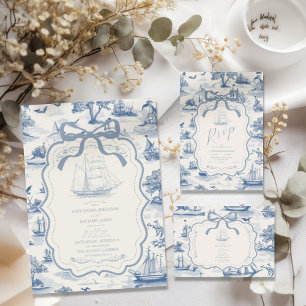Toile Chic Nautical  Bow Wedding Invitation