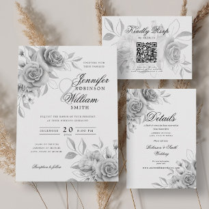 Elegant Wedding Silver Roses Floral Theme Acrylic Invitations