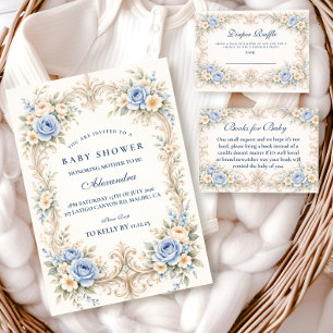 Dusty Blue Rose Baroque Baby Shower Napkins