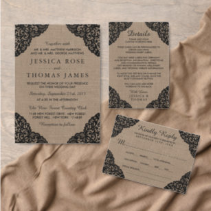 The Black Lace On Rustic Burlap Wedding Collection Invitation
