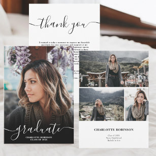 Simple modern Black and white script graduation Thank You Card