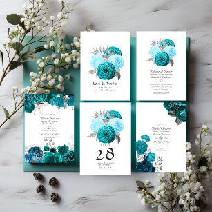 Teal - Turquoise and Silver Floral Wedding Thank You Card