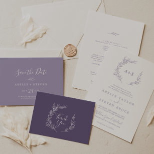 Minimal Leaf   Dusty Purple Monogram Wedding Invitation
