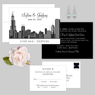 Chicago City Skyline Wedding Black and White Invitation