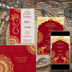 Maroon and gold elephants luxury Indian wedding  Invitation