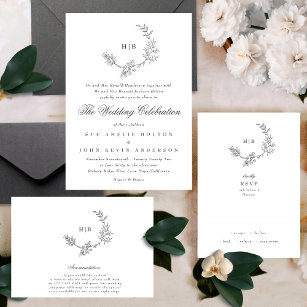 Classic Floral Wreath Monogram Wedding Invitation