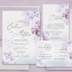 Soft purple dusty blue dusty pink floral wedding  invitation