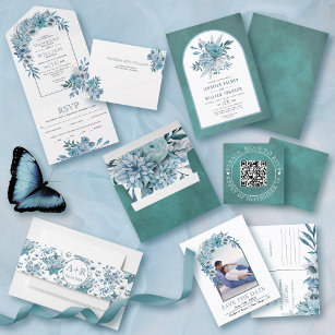 Teal and aqua blue flowers and arch wedding invitation