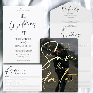 Modern bold black script save the date photo foil invitation