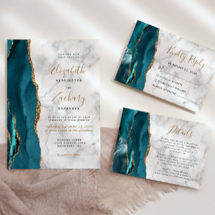 Modern Teal Gold Agate Marble Wedding Invitation