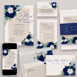 Royal Blue and Ivory Rose Elegant Floral RSVP Card