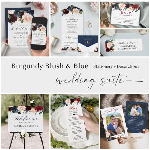 Navy Blue Burgundy Floral Arch Wedding Photo Thank You Card