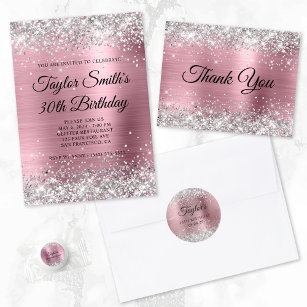 Faux Shiny Silver Glitter Pale Pink Foil Monogram Invitation