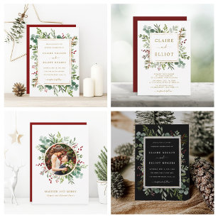 Botanical Greenery Christmas Black Wedding Invitation