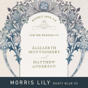 Silver Blue Vintage Wedding William Morris Foil Invitation