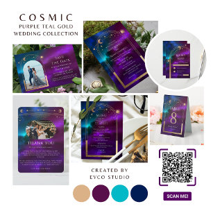Cosmic Purple Teal Gold Sun Photo Mystical Wedding Thank You Card