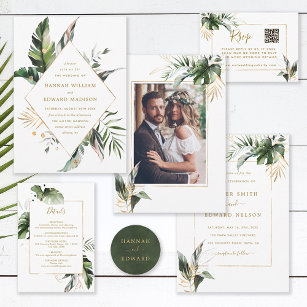 Tropical Watercolor Leaves Gold Wedding Photo Invitation