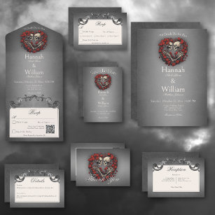 Gothic Dark Skeletons & Rose Heart Wedding Invitation