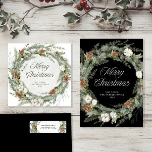 Elegant Pine Wreath and Greenery   Merry Christmas Holiday Card