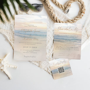 Beach Sunset Seaside Wedding Scan Code RSVP Enclosure Card