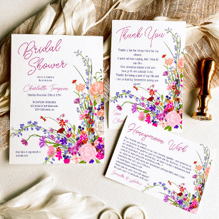 Modern chic wild flowers script bridal shower invitation