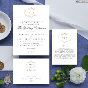 romantic classic gold crest monogram wedding invitation