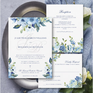 Elegant Floral Dusty Blue Christian Wedding Invitation