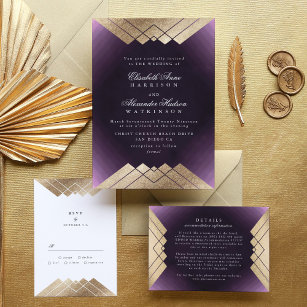 Geo Purple Gold Gatsby Calligraphy Wedding Invitation