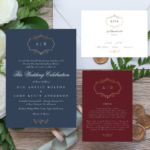 navy burgundy romantic classic monogram wedding foil invitation