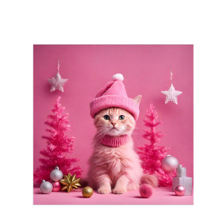 Pink Christmas Cat Lovers Ginger Kitten Holiday Card