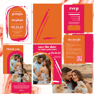 Retro Bold Neon Orange Pink Arch Wedding Thank You Card