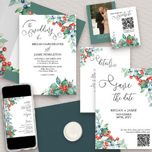 Holly and Winter Berries Green Wedding Invitation Envelope