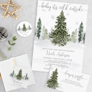 Watercolor Winter Forest Gray Baby Shower Invitation
