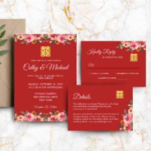 Red peony floral Chinese wedding double happiness  Invitation