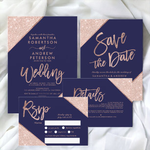 Rose gold glitter navy script wedding direction enclosure card