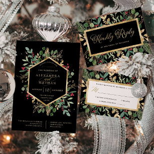 Gilded Greenery on Black   Christmas Wedding All In One Invitation